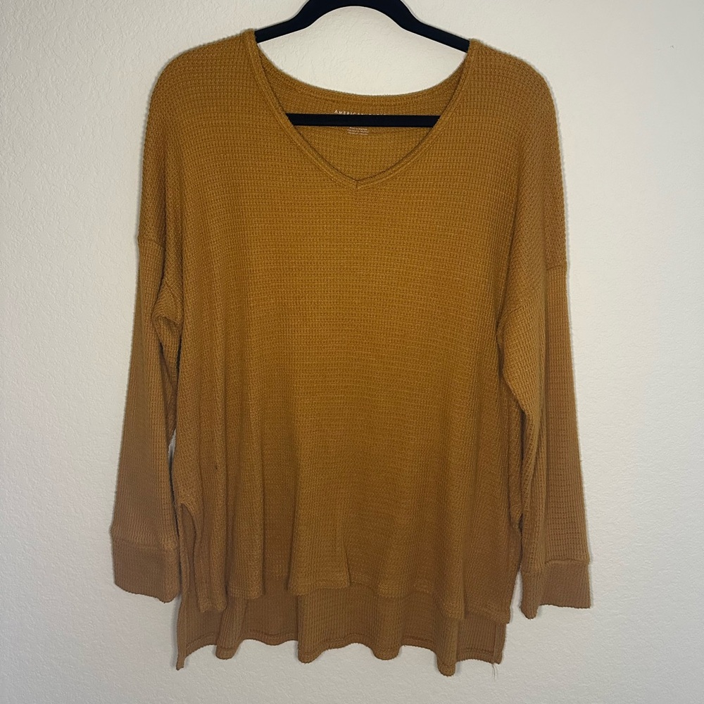 American Eagle Outfitters Mustard Waffle V-Neck Sweater